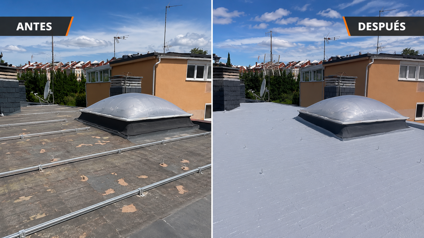 Antes y despu&eacute;s de aislamiento con poliuretano en cubierta gris de una vivienda en &Aacute;vila