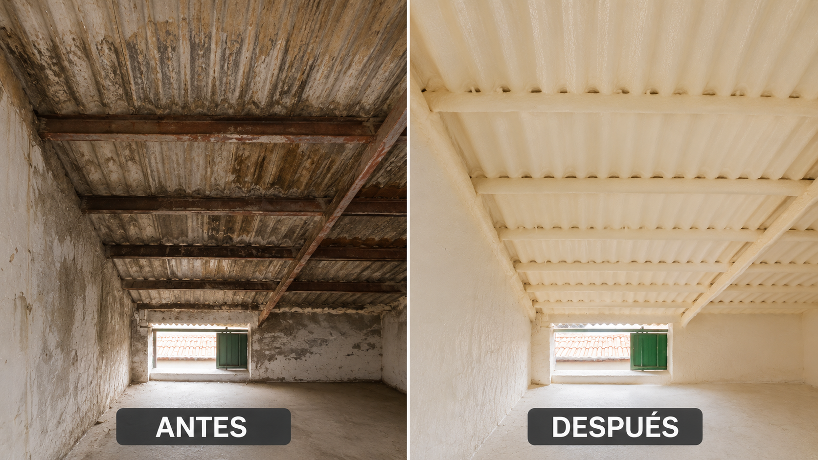 Antes y después de la proyección de poliuretano bajo cubierta en buhardilla de casa rural en Guadalajara