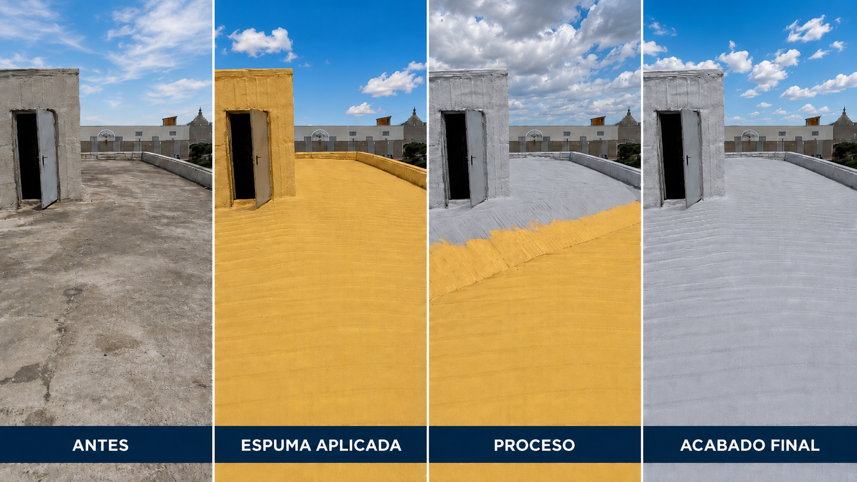 Proceso completo de aplicación de espuma de poliuretano en cubierta transitable en Ciudad Real: antes con hormigón visto, espuma de poliuretano amarilla aplicada, proceso intermedio y acabado final impermeable gris claro